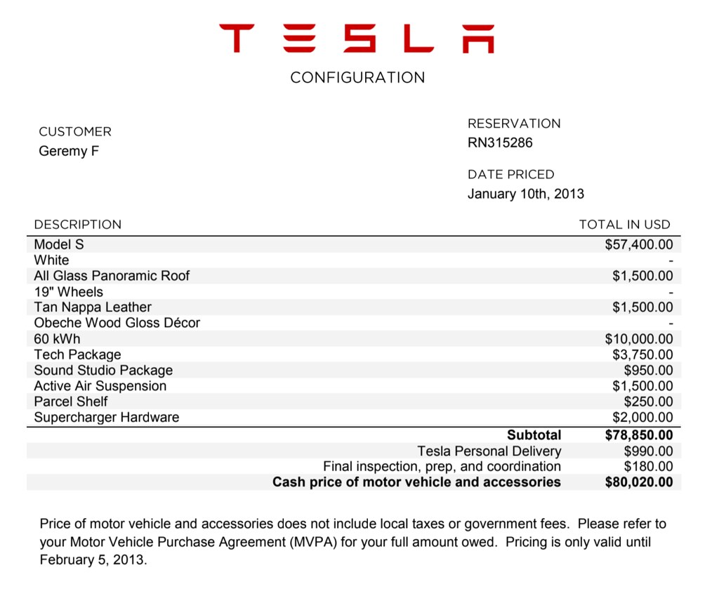 Tesla Purchase Order from '13